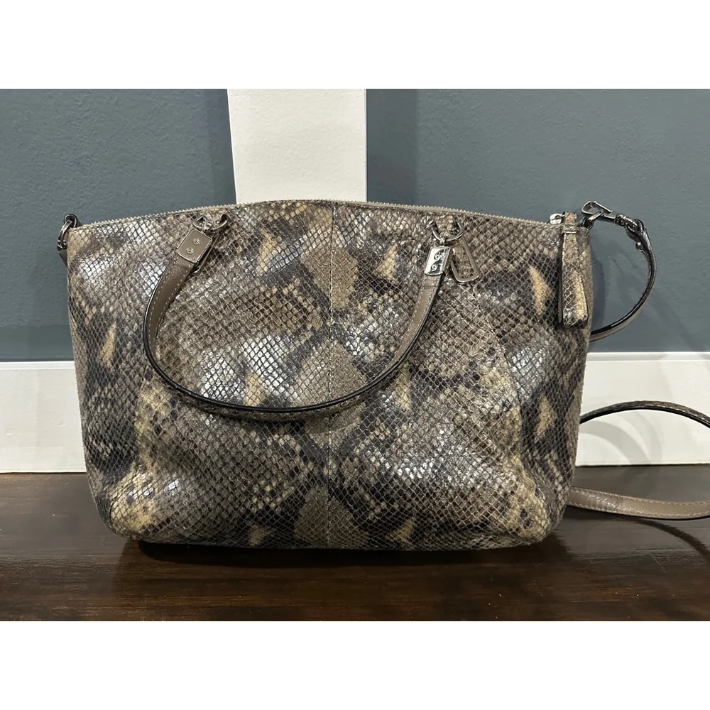 Women's Madison Kelsey Coach Satchel Bag Medium Gray Snake Print